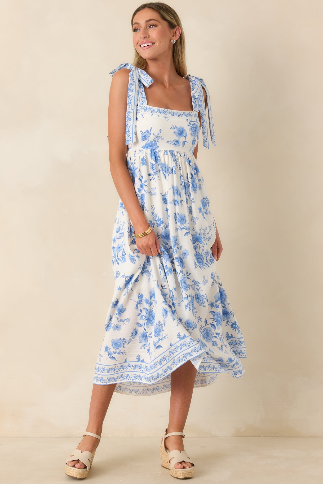 Where Grace Grows Blue Floral Tie Strap Maxi Dress