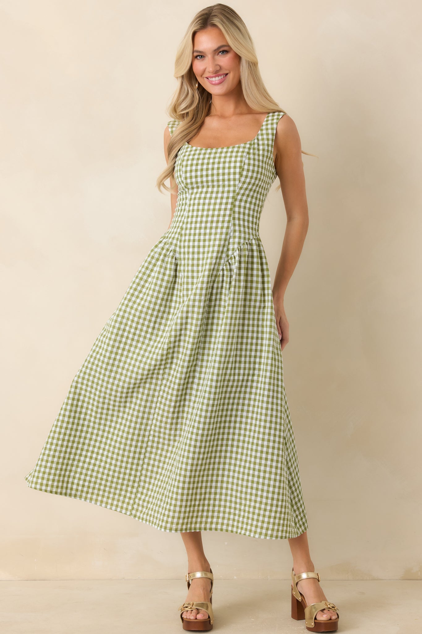 Talk Birdie to Me Green Gingham Sleeveless Maxi Dress