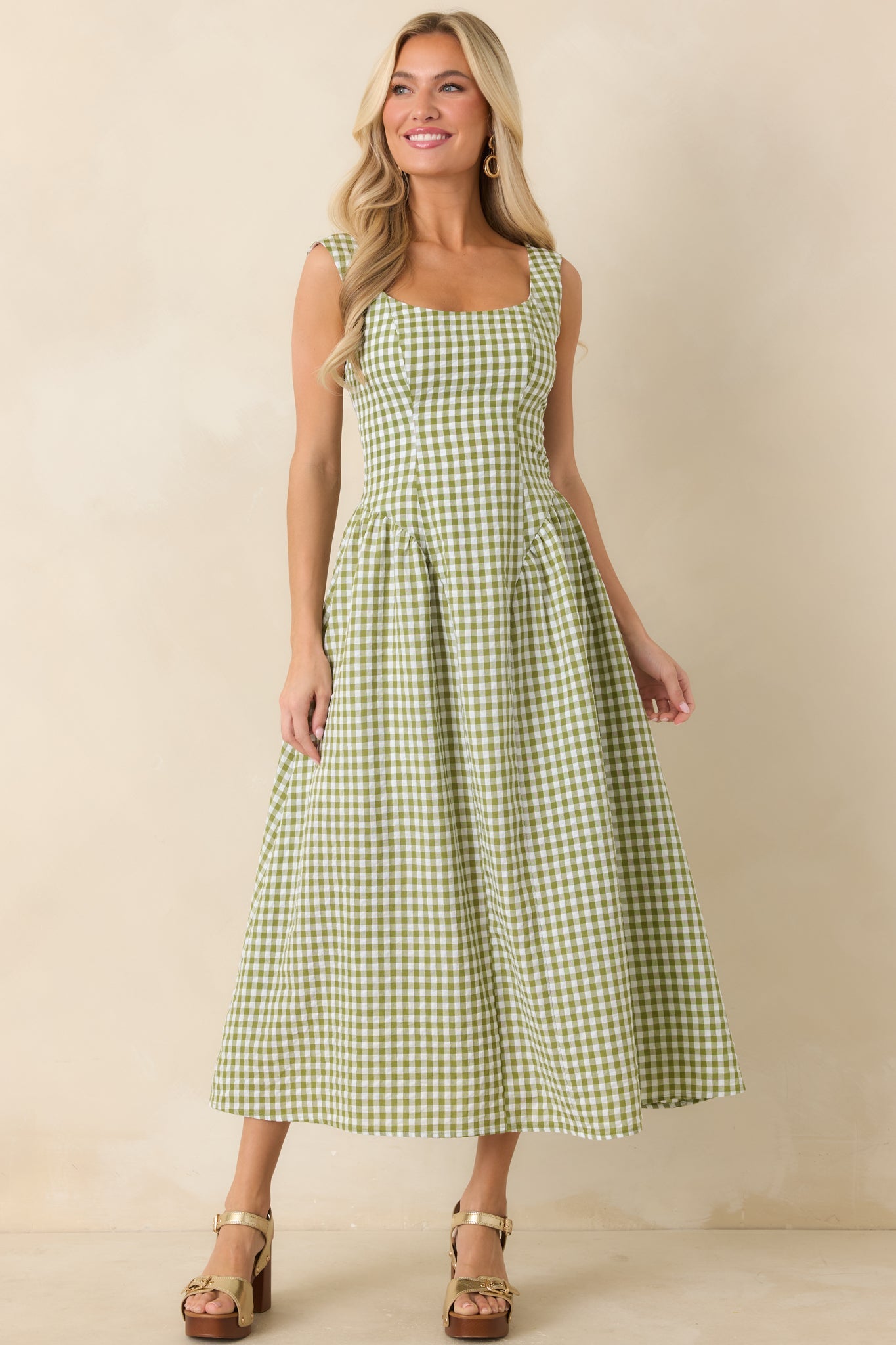 Talk Birdie to Me Green Gingham Sleeveless Maxi Dress