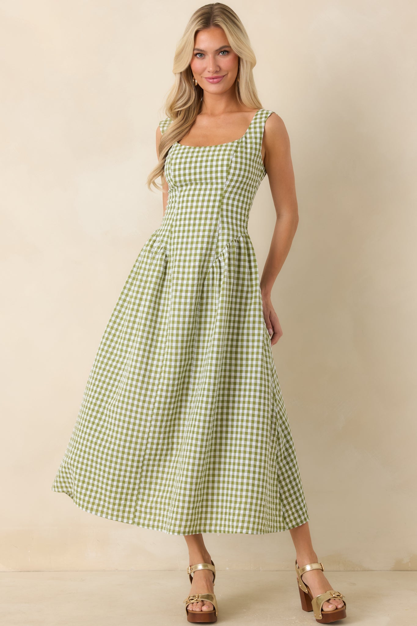 Talk Birdie to Me Green Gingham Sleeveless Maxi Dress