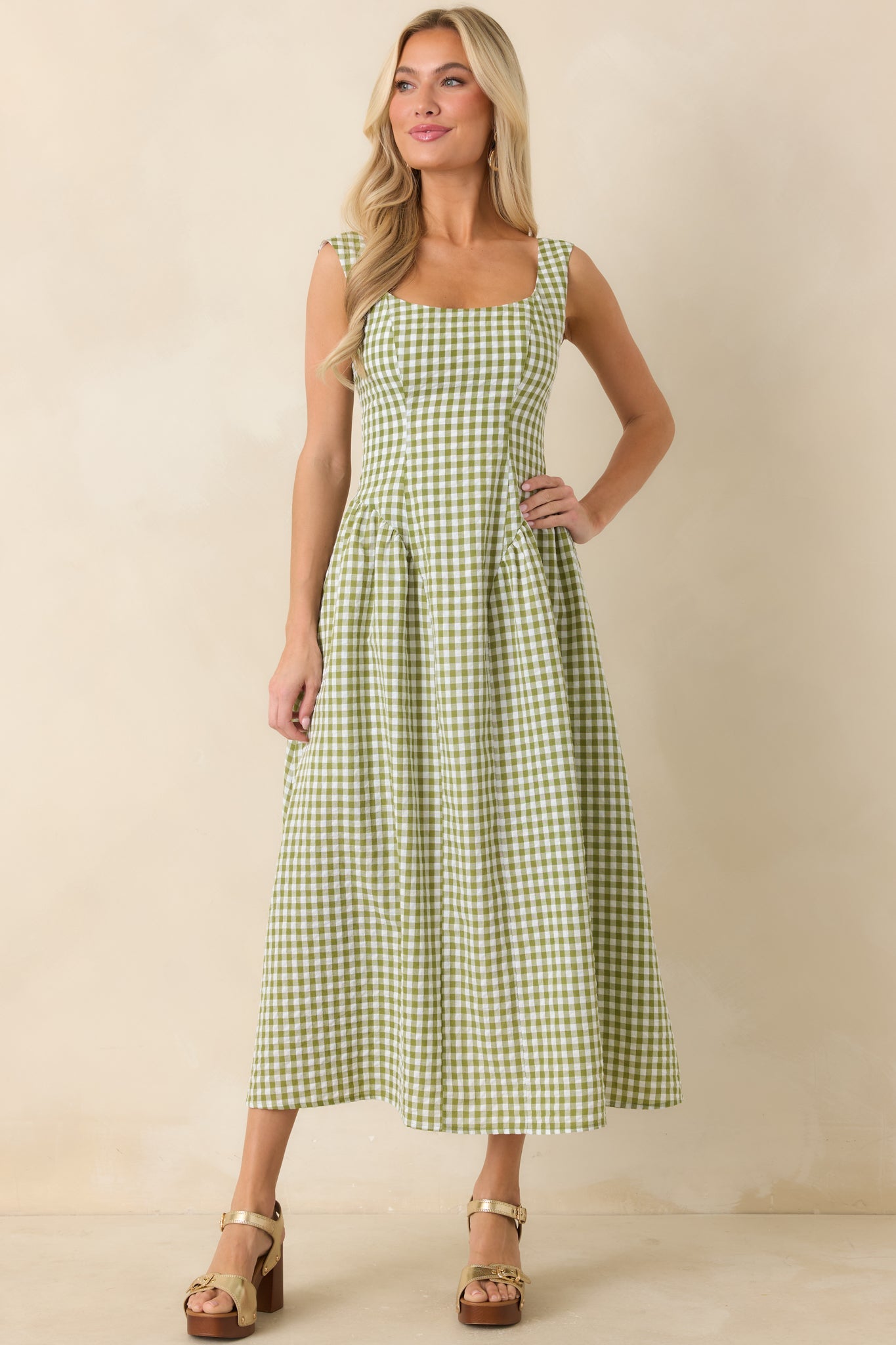 Talk Birdie to Me Green Gingham Sleeveless Maxi Dress