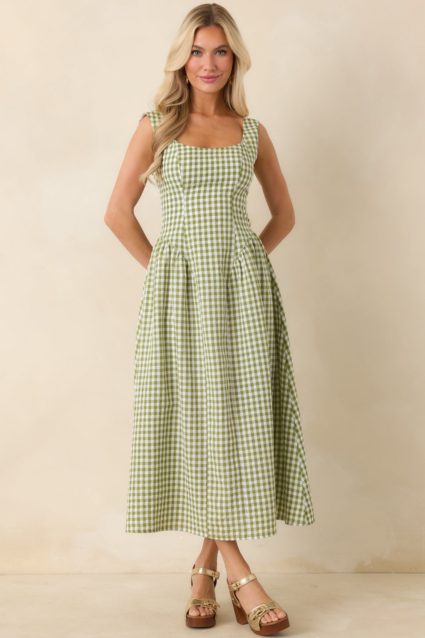 Talk Birdie to Me Green Gingham Sleeveless Maxi Dress