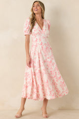 Dapper Darling Coral Pink Floral Linen Blend Draped Maxi Dress