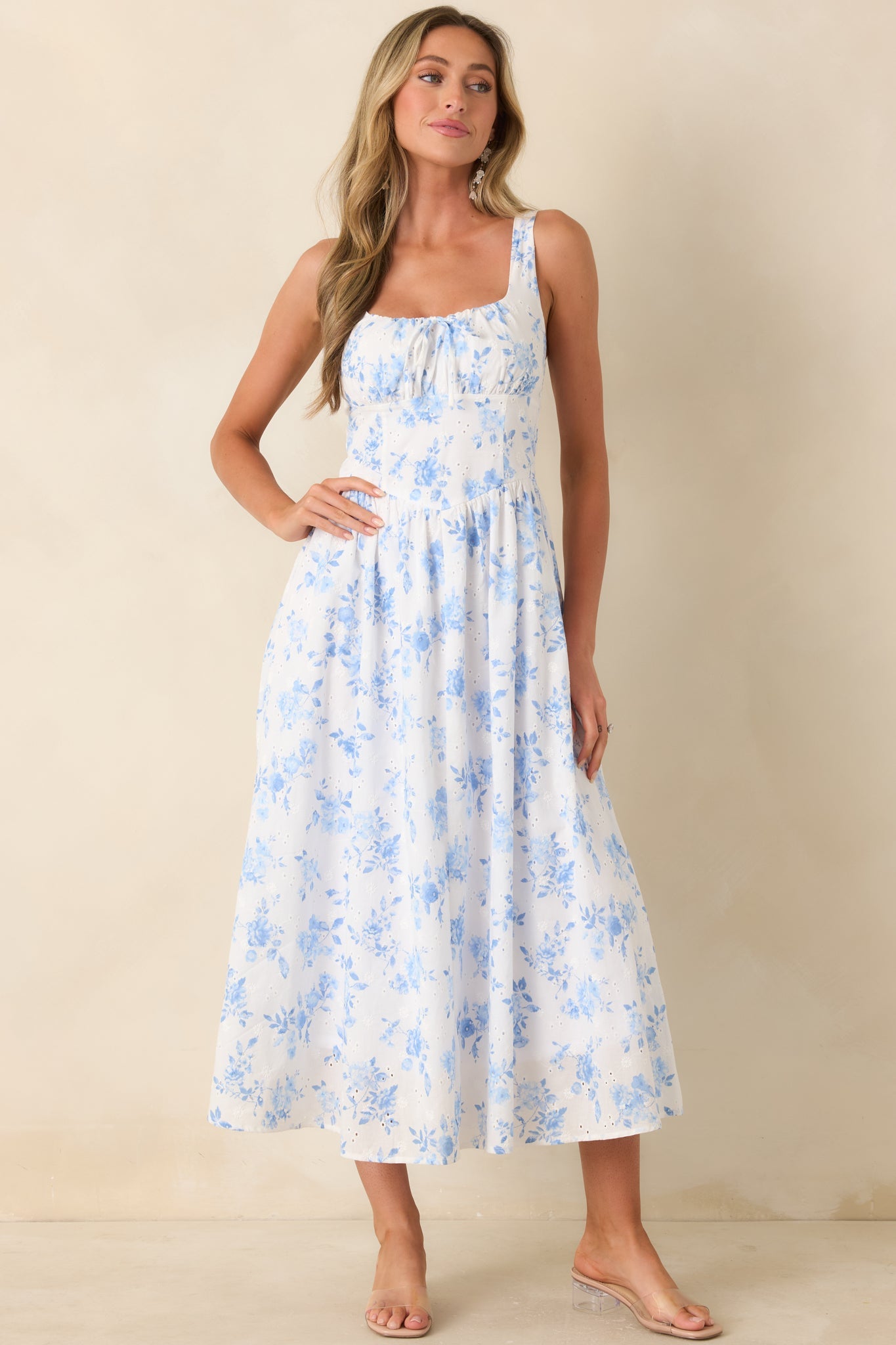 Kiss at the Fair Ivory & Blue Floral Eyelet Peasant-Style Cotton Midi Dress