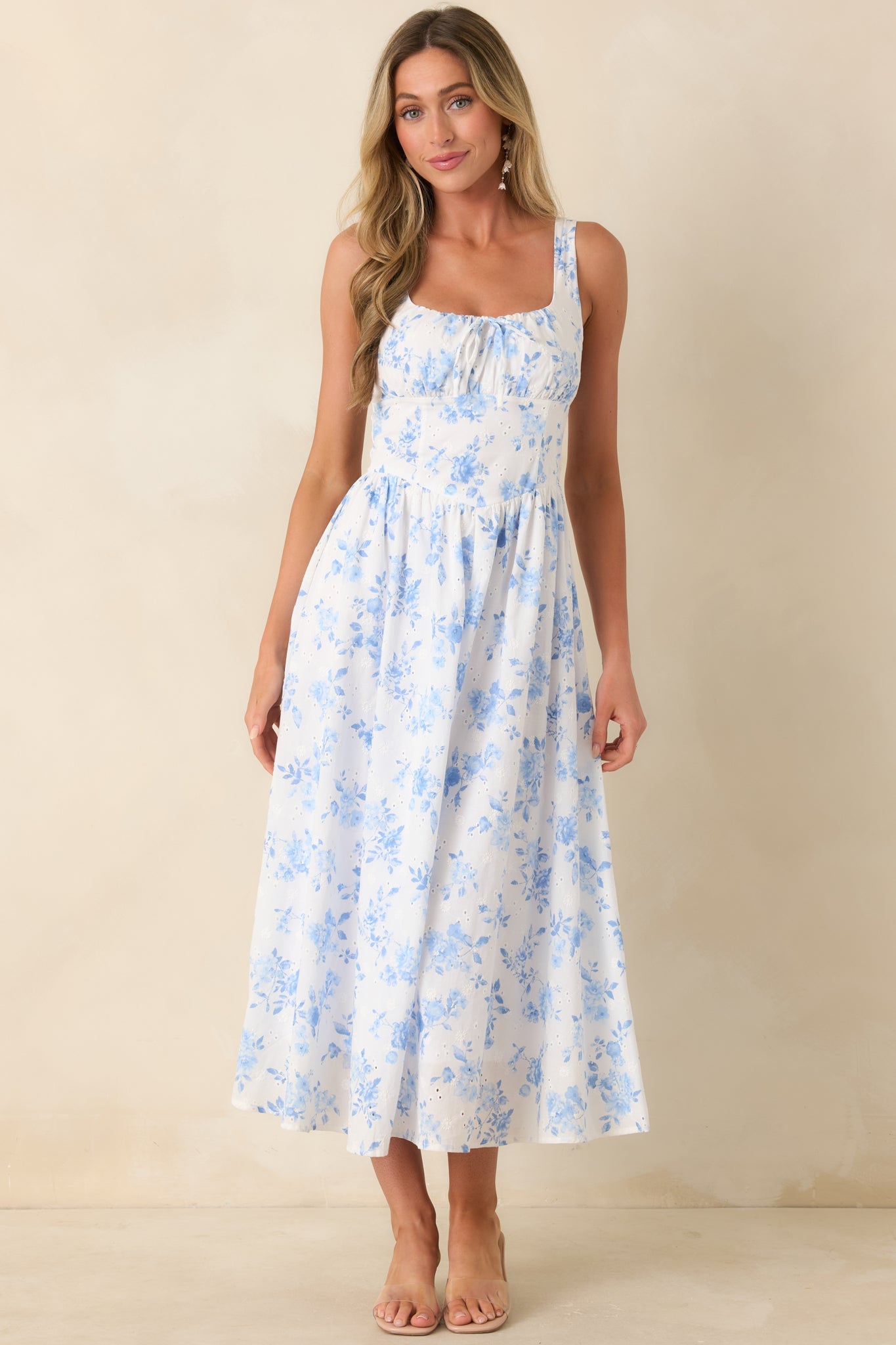 Kiss at the Fair Ivory & Blue Floral Eyelet Peasant-Style Cotton Midi Dress