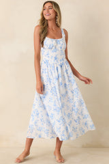 Kiss at the Fair Ivory & Blue Floral Eyelet Peasant-Style Cotton Midi Dress