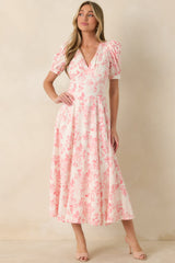Dapper Darling Coral Pink Floral Linen Blend Draped Maxi Dress