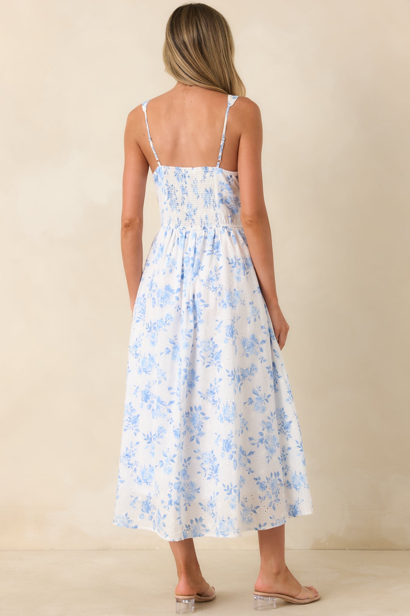 Kiss at the Fair Ivory & Blue Floral Eyelet Peasant-Style Cotton Midi Dress