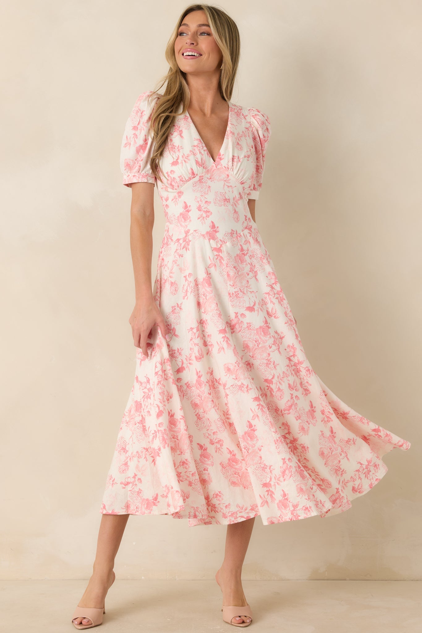 Dapper Darling Coral Pink Floral Linen Blend Draped Maxi Dress