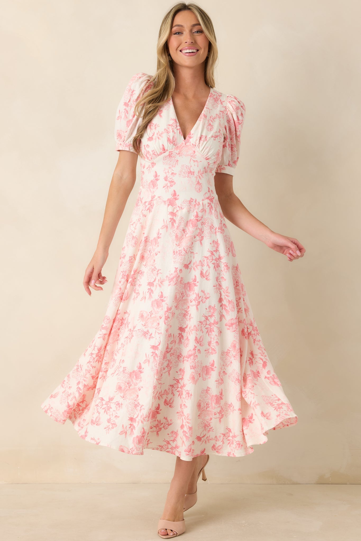 Dapper Darling Coral Pink Floral Linen Blend Draped Maxi Dress