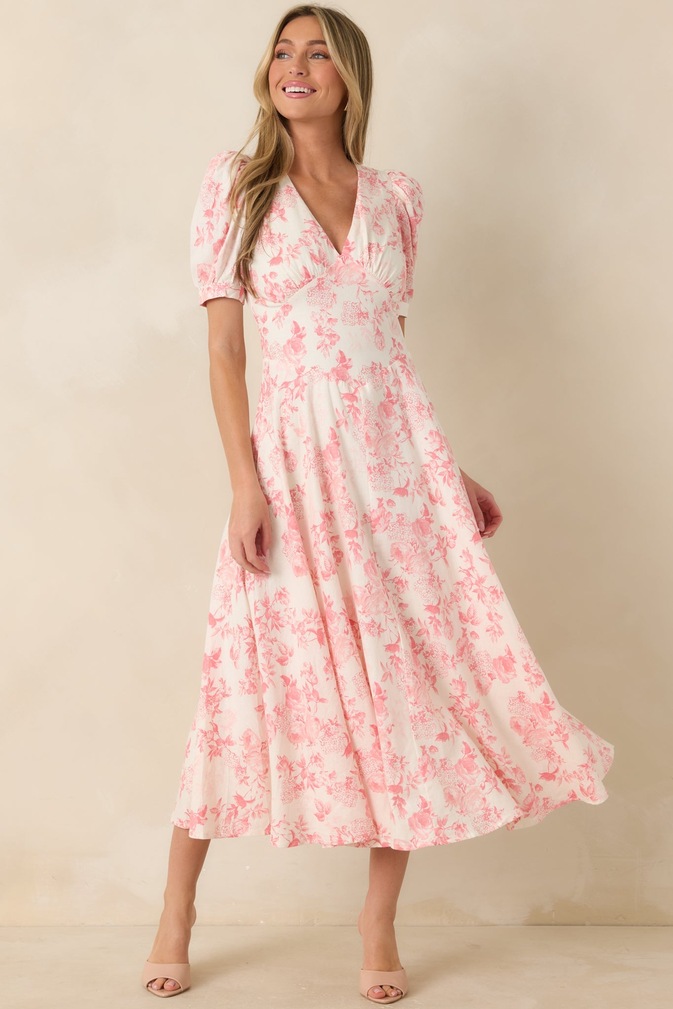 Dapper Darling Coral Pink Floral Linen Blend Draped Maxi Dress