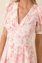 Dapper Darling Coral Pink Floral Linen Blend Draped Maxi Dress