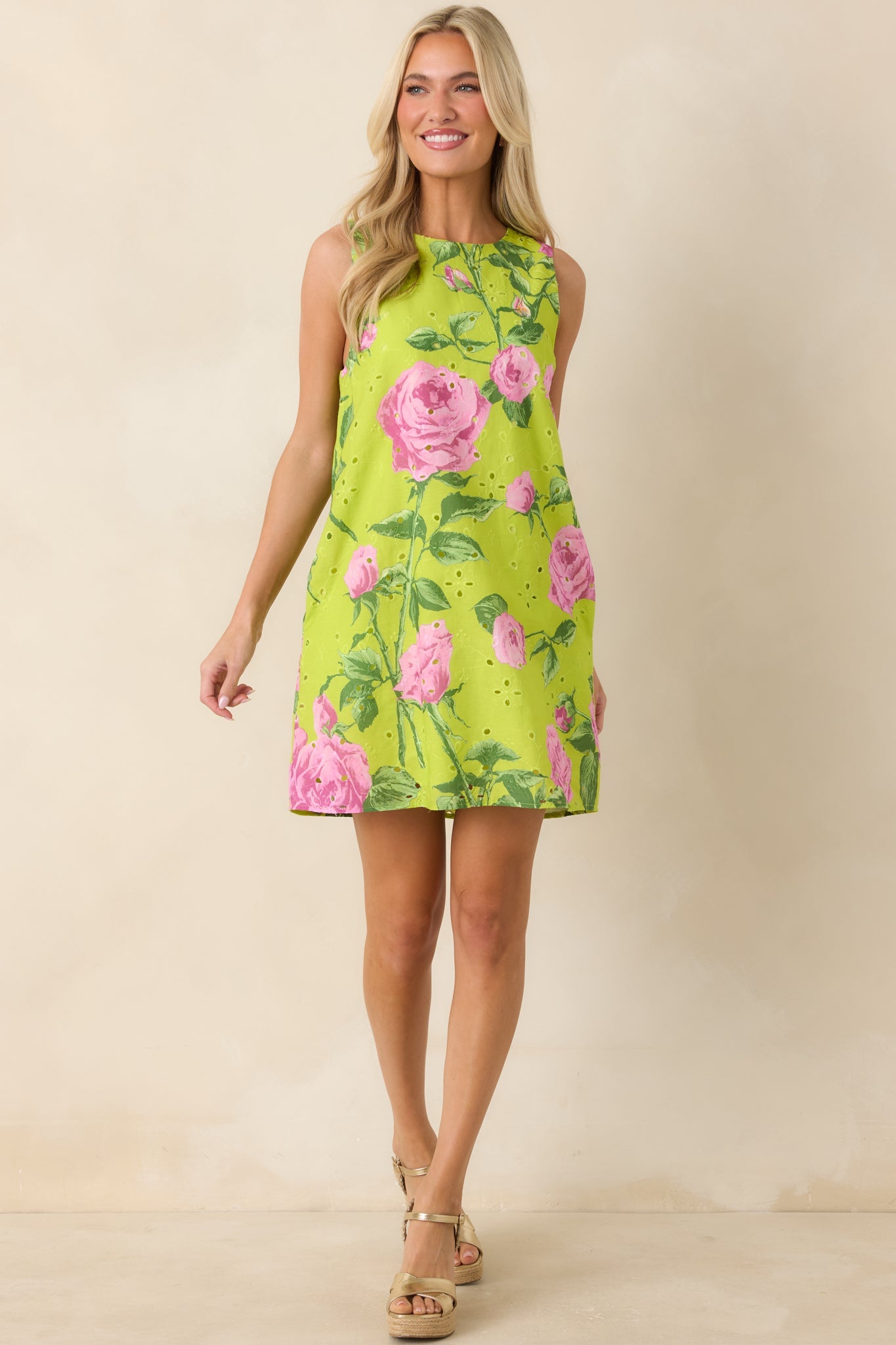 Petals on Display Chartreuse & Pink Cotton Floral Eyelet Mini Dress