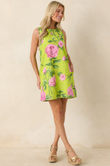Petals on Display Chartreuse & Pink Cotton Floral Eyelet Mini Dress