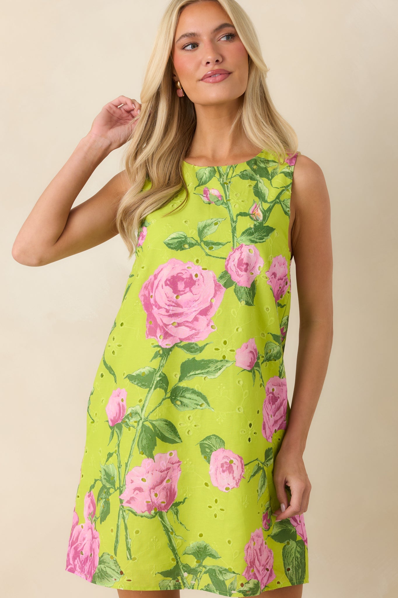 Petals on Display Chartreuse & Pink Cotton Floral Eyelet Mini Dress