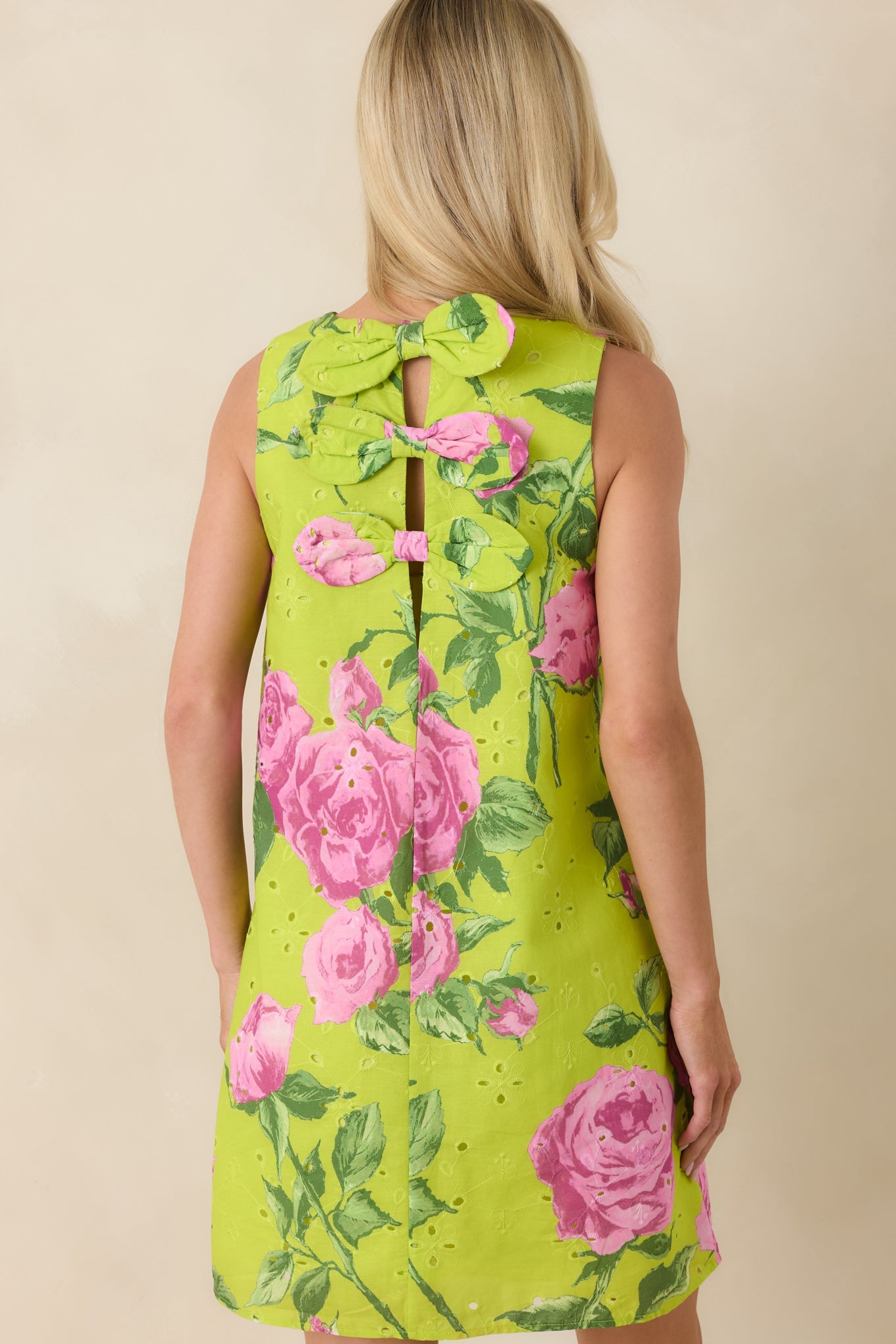 Petals on Display Chartreuse & Pink Cotton Floral Eyelet Mini Dress