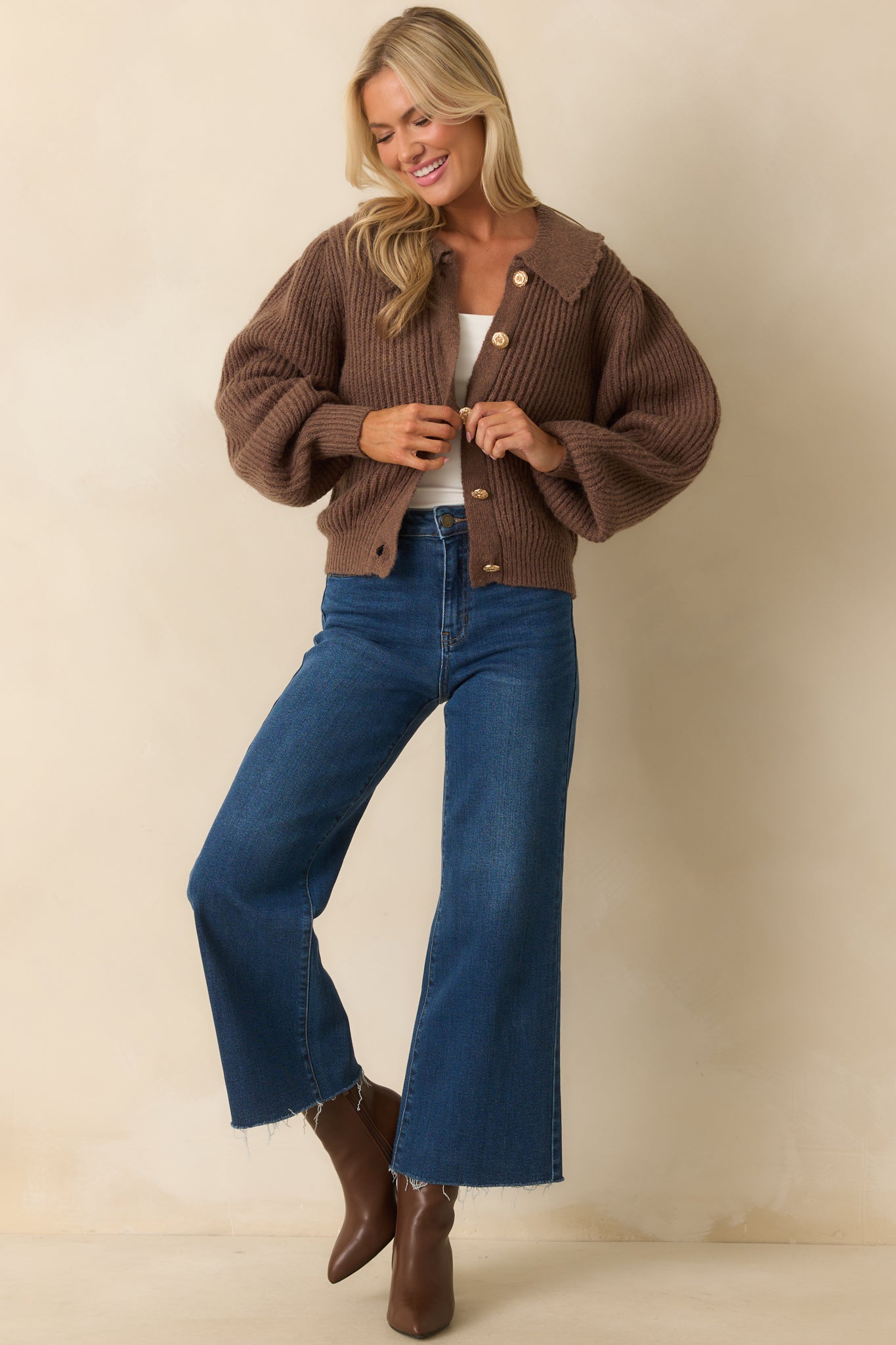 Need Something New Brown Ribbed Knit Button Up Cardigan