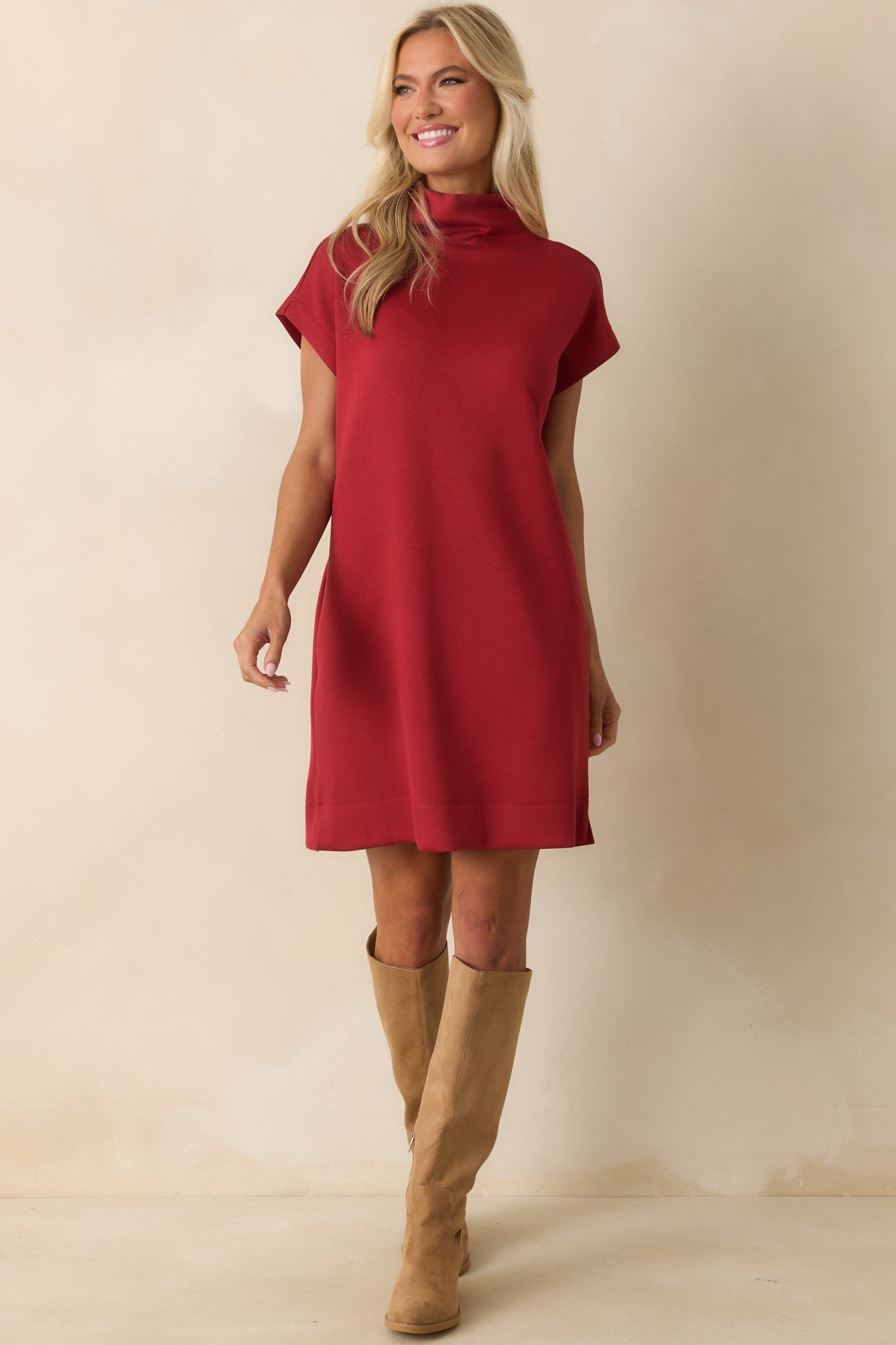 At The End Of The Day Red Mock Neck Cap Sleeve Mini Dress