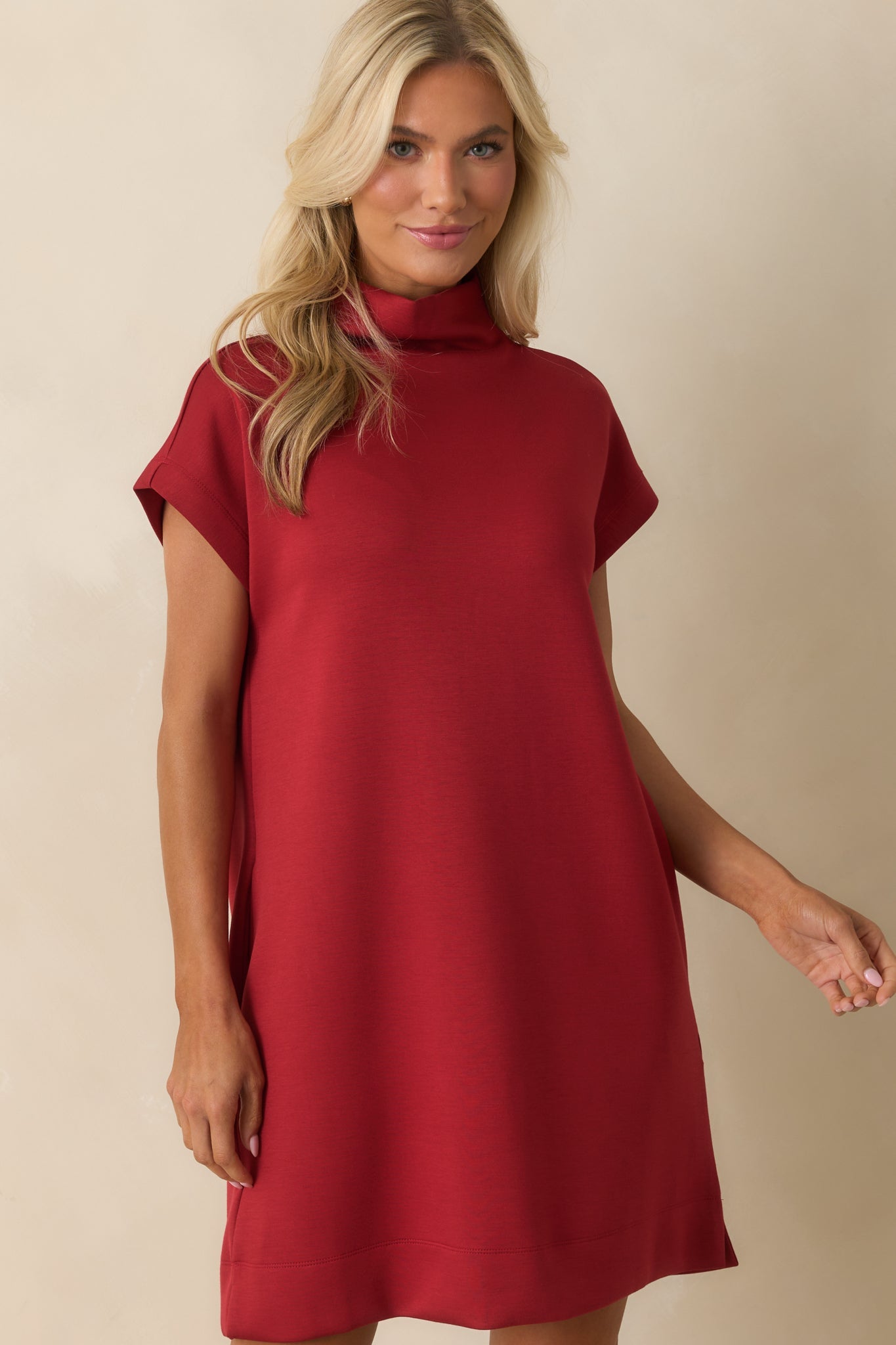 At The End Of The Day Red Mock Neck Cap Sleeve Mini Dress