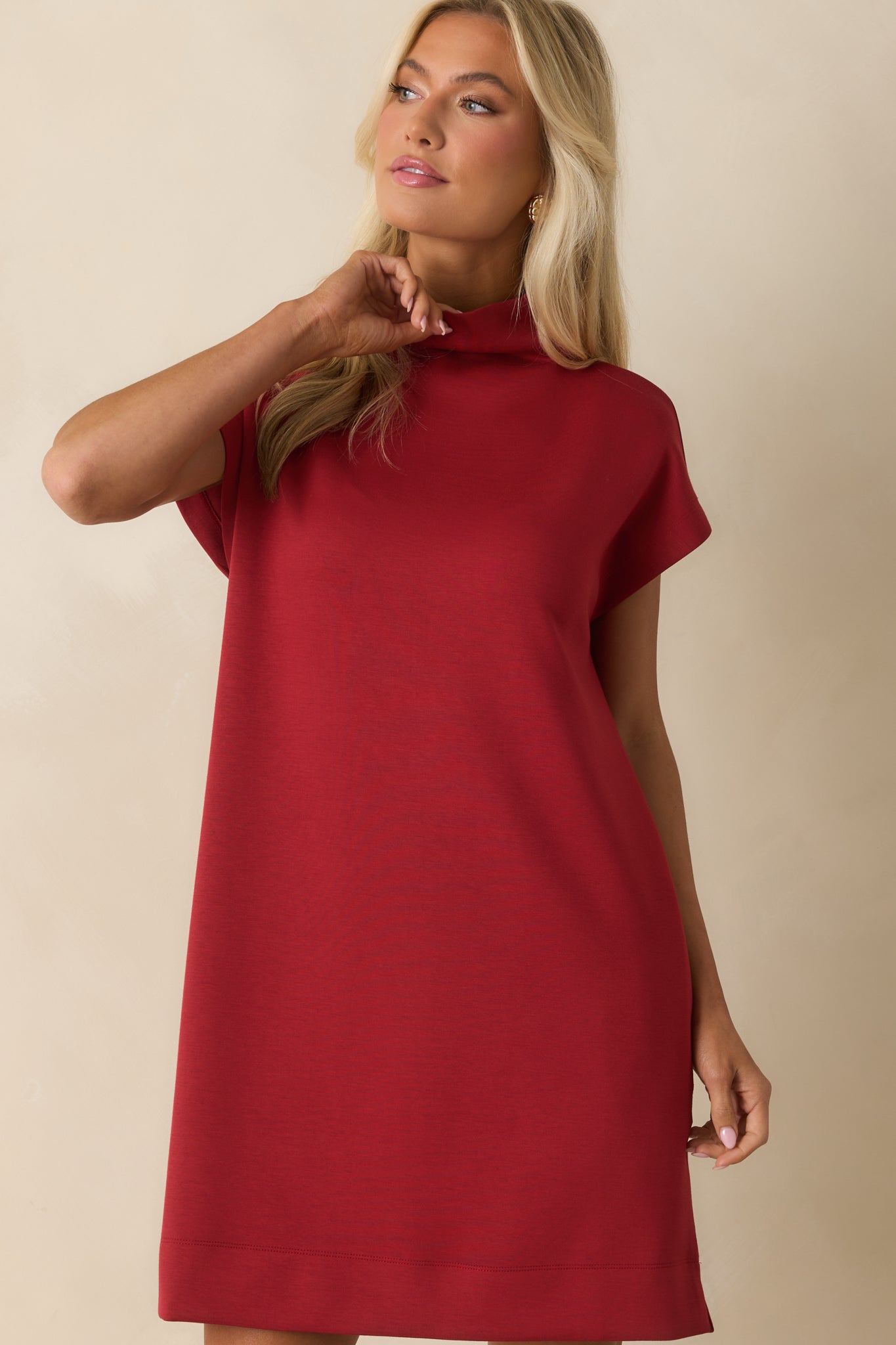 At The End Of The Day Red Mock Neck Cap Sleeve Mini Dress