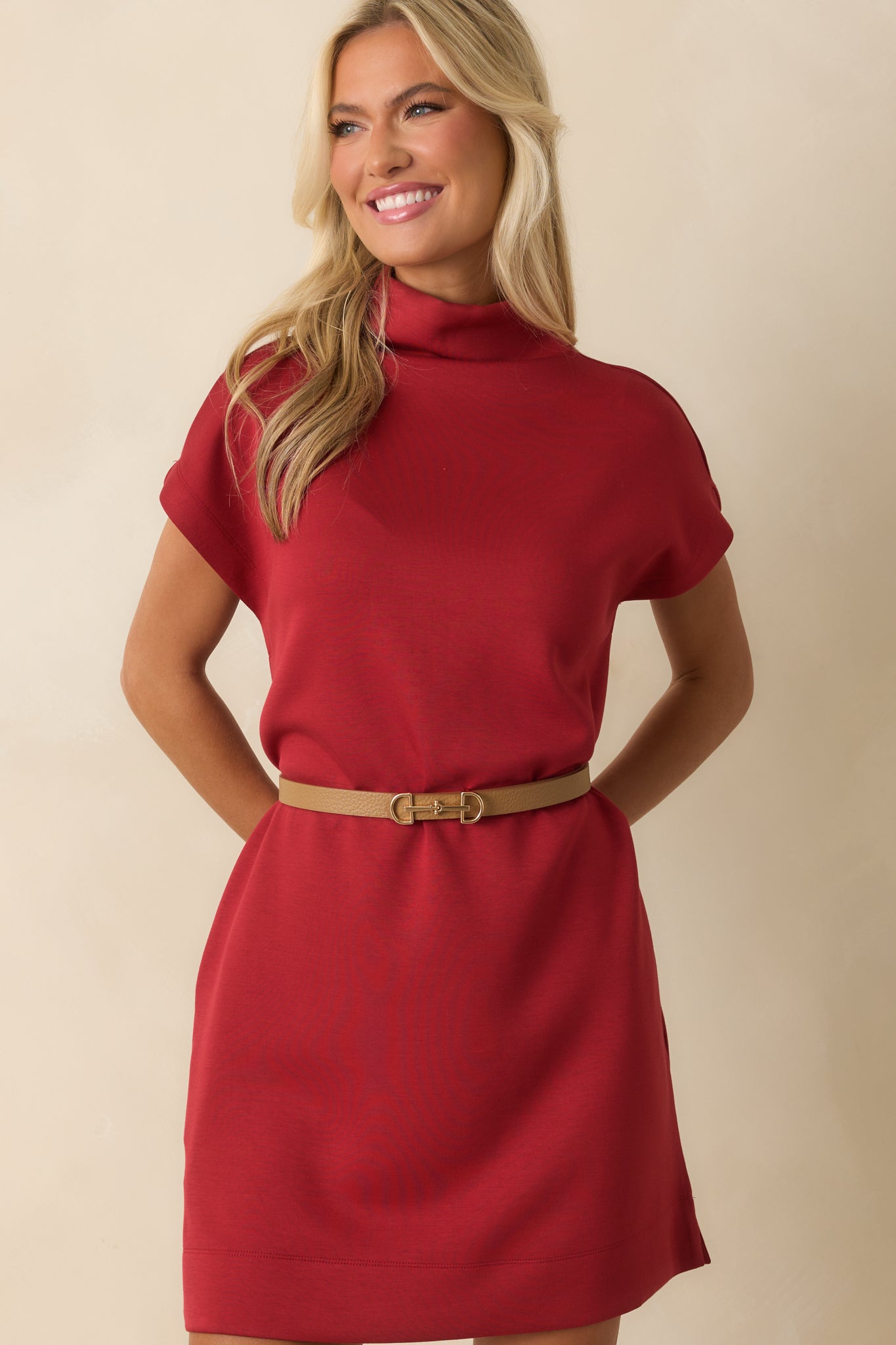 At The End Of The Day Red Mock Neck Cap Sleeve Mini Dress