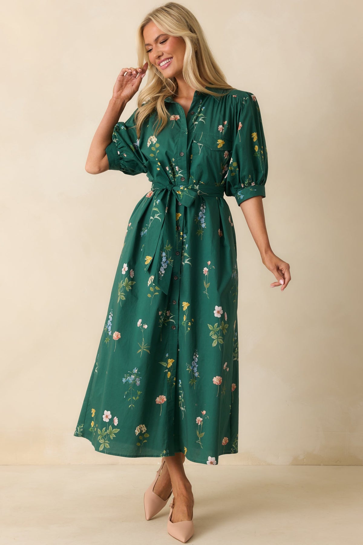 A Better Idea Forest Green Multi Floral Print Cotton Maxi Dress