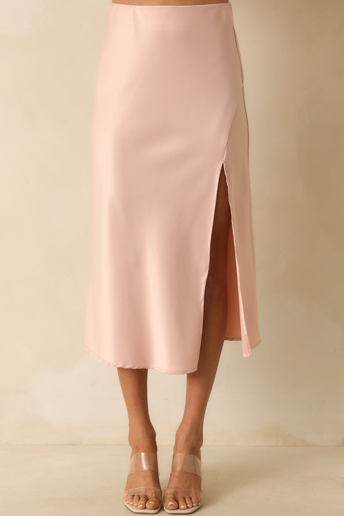 Park Avenue Glam Blush Pink Satin Midi Skirt