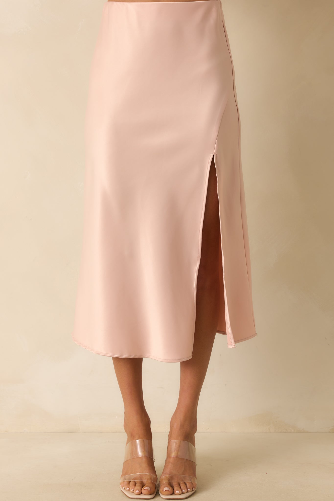 Park Avenue Glam Blush Pink Satin Midi Skirt
