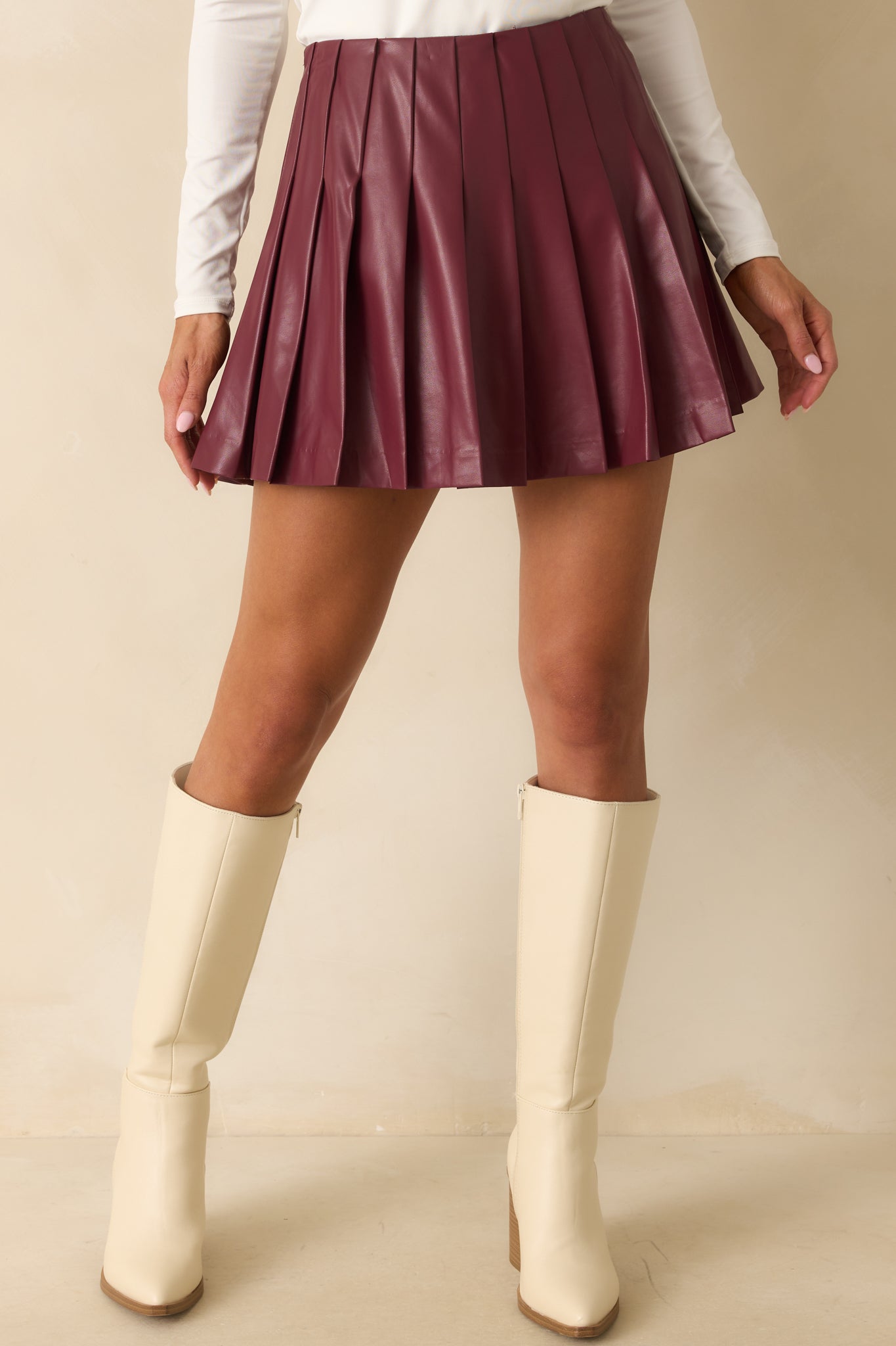Comes Down To This Wine Red Faux Leather Pleated Mini Skirt