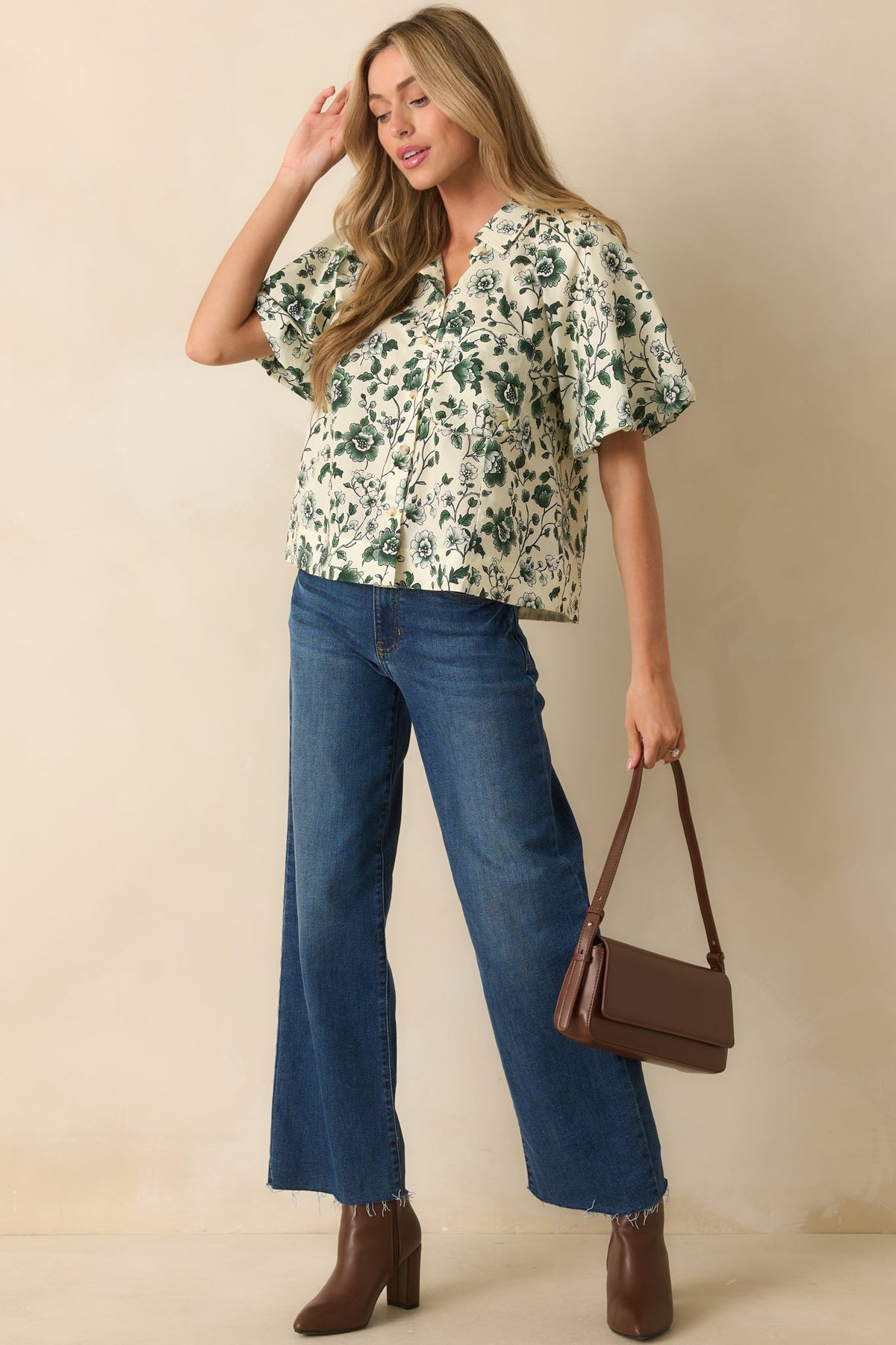 A Sweet Surprise Green Floral Print Cotton Puff Sleeve Top