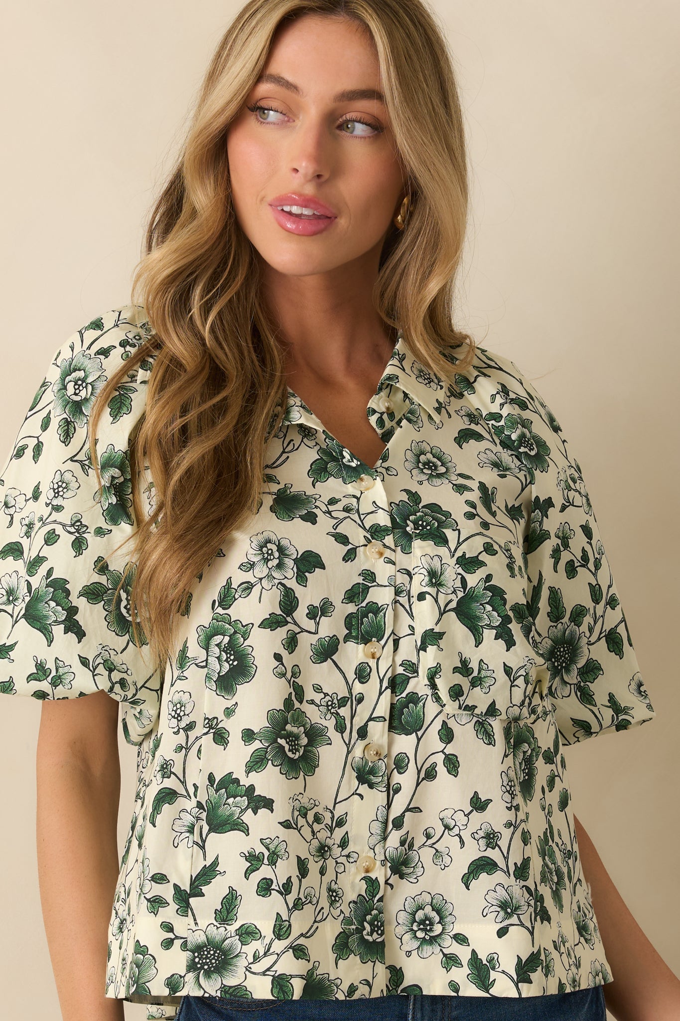 A Sweet Surprise Green Floral Print Cotton Puff Sleeve Top