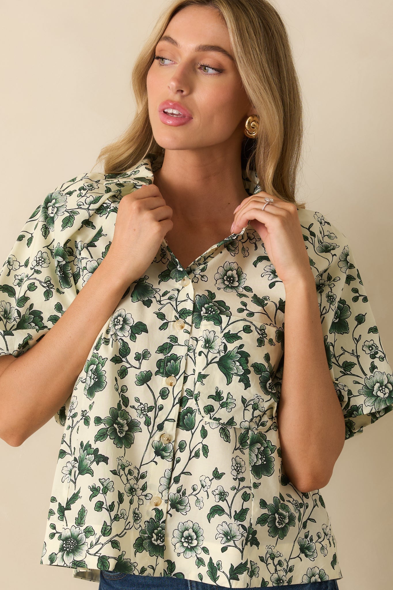 A Sweet Surprise Green Floral Print Cotton Puff Sleeve Top