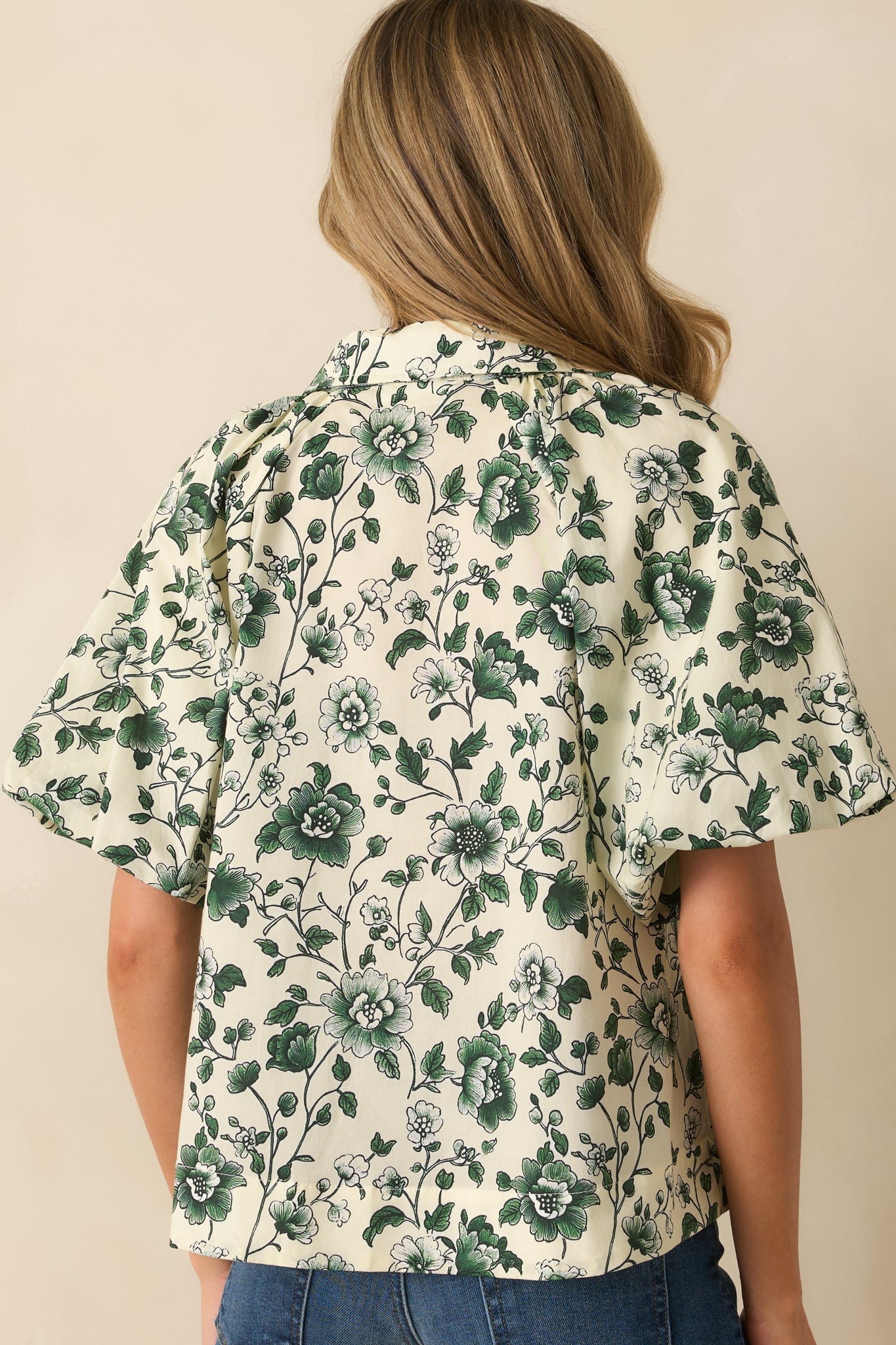 A Sweet Surprise Green Floral Print Cotton Puff Sleeve Top