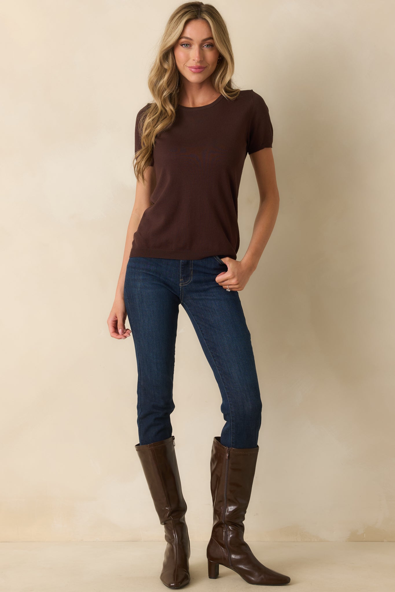 Cross Your Mind Dark Brown Short Sleeve Sweater Top