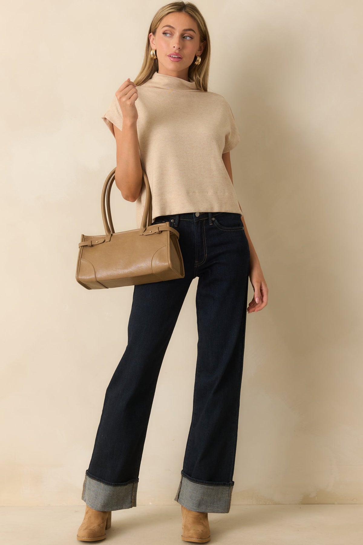 Plans Are Made Oatmeal Beige Relaxed Mock Neck Cap Sleeve Top