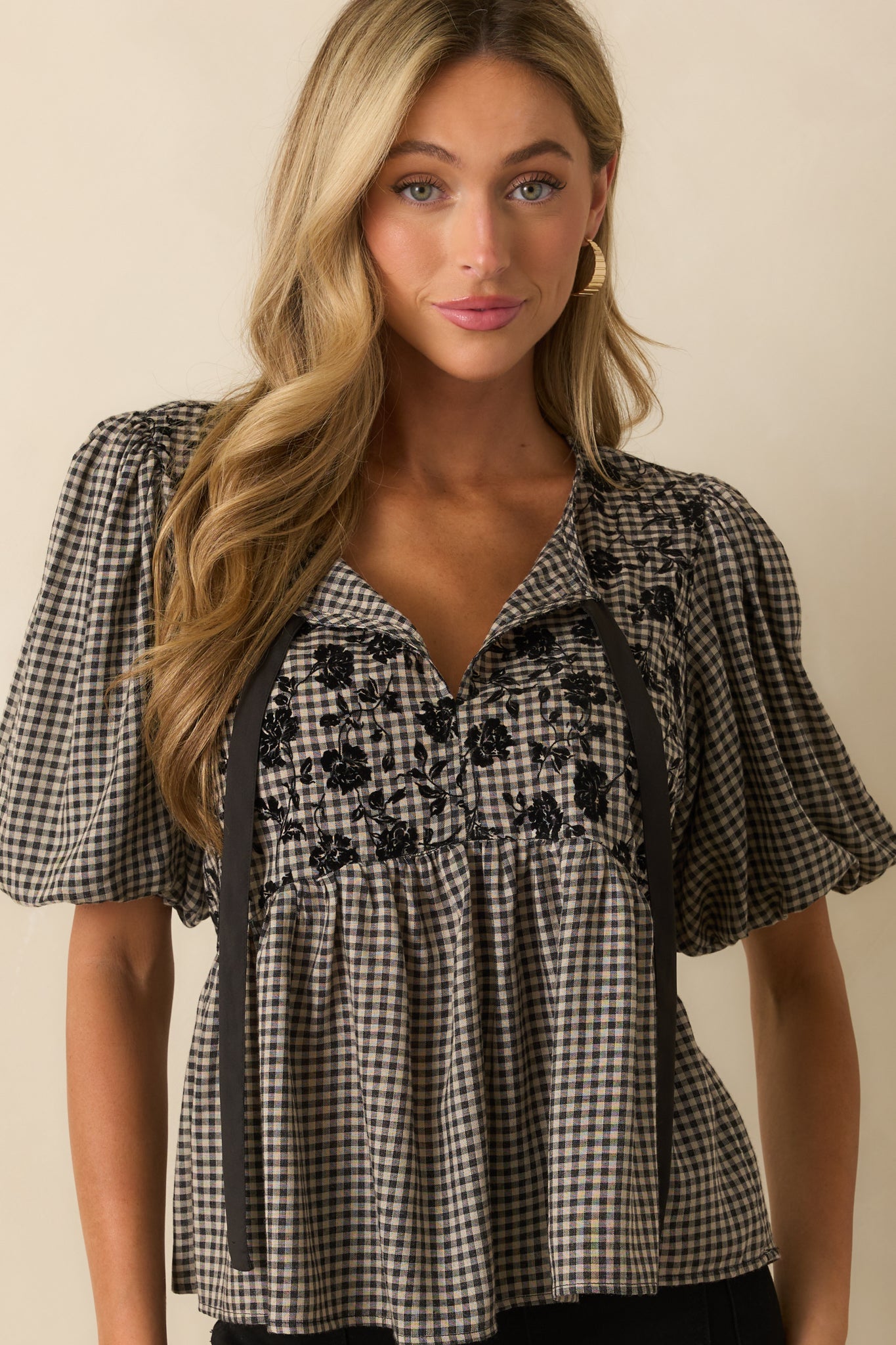 All That I Know Black Gingham Floral Print Puff Sleeve Peplum Top