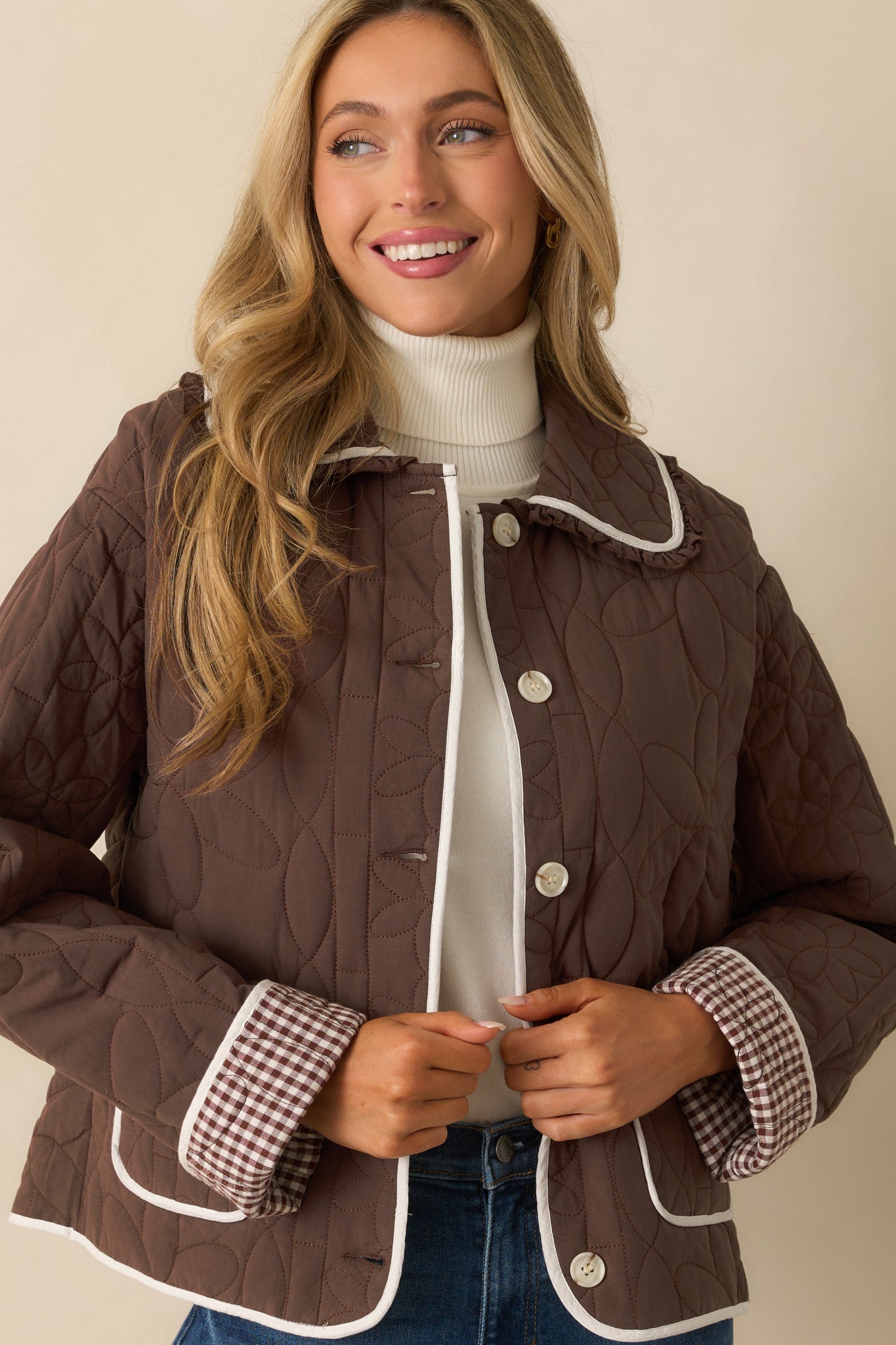 Better Than The Last Brown Floral Quilted Cotton Button Front Jacket