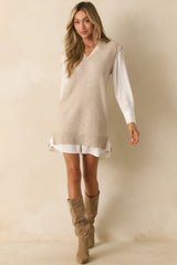 No Exceptions Taupe Knit Sweater Vest Mock Layered Mini Dress