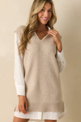 No Exceptions Taupe Knit Sweater Vest Mock Layered Mini Dress