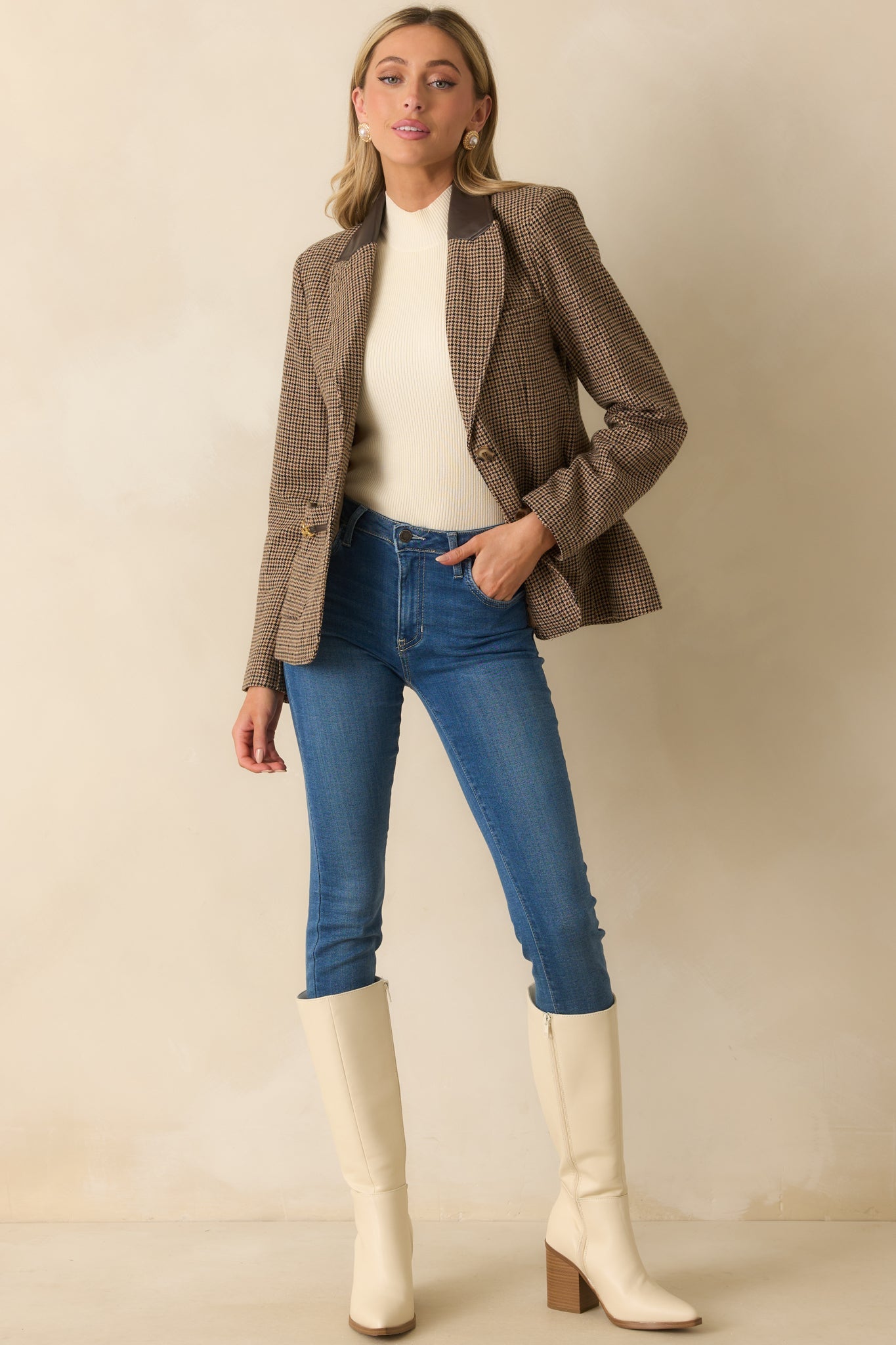 All Business Here Brown Houndstooth Single Breasted Blazer