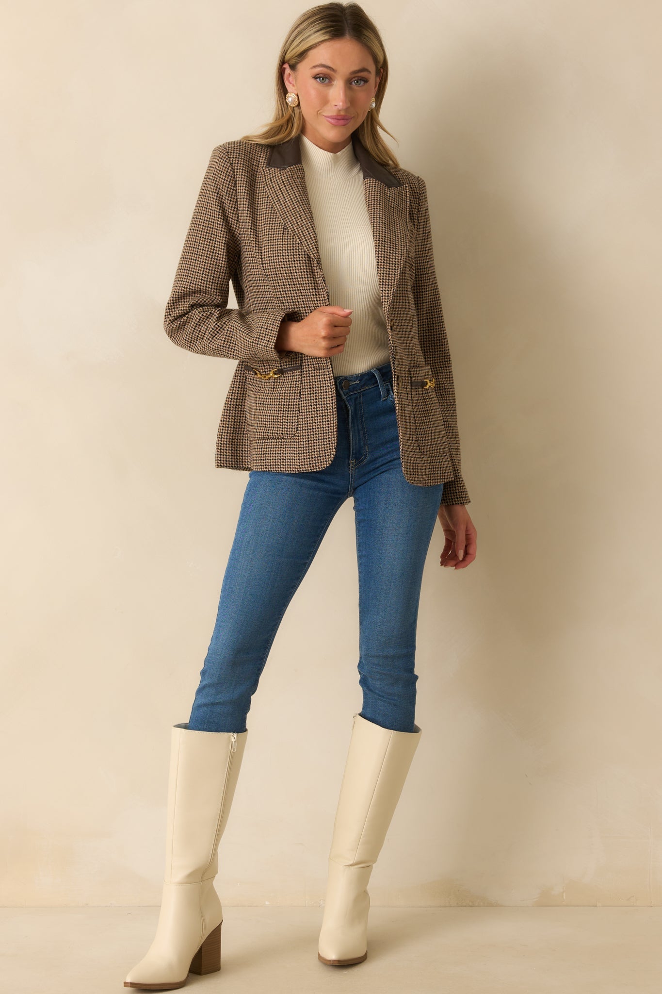 All Business Here Brown Houndstooth Single Breasted Blazer