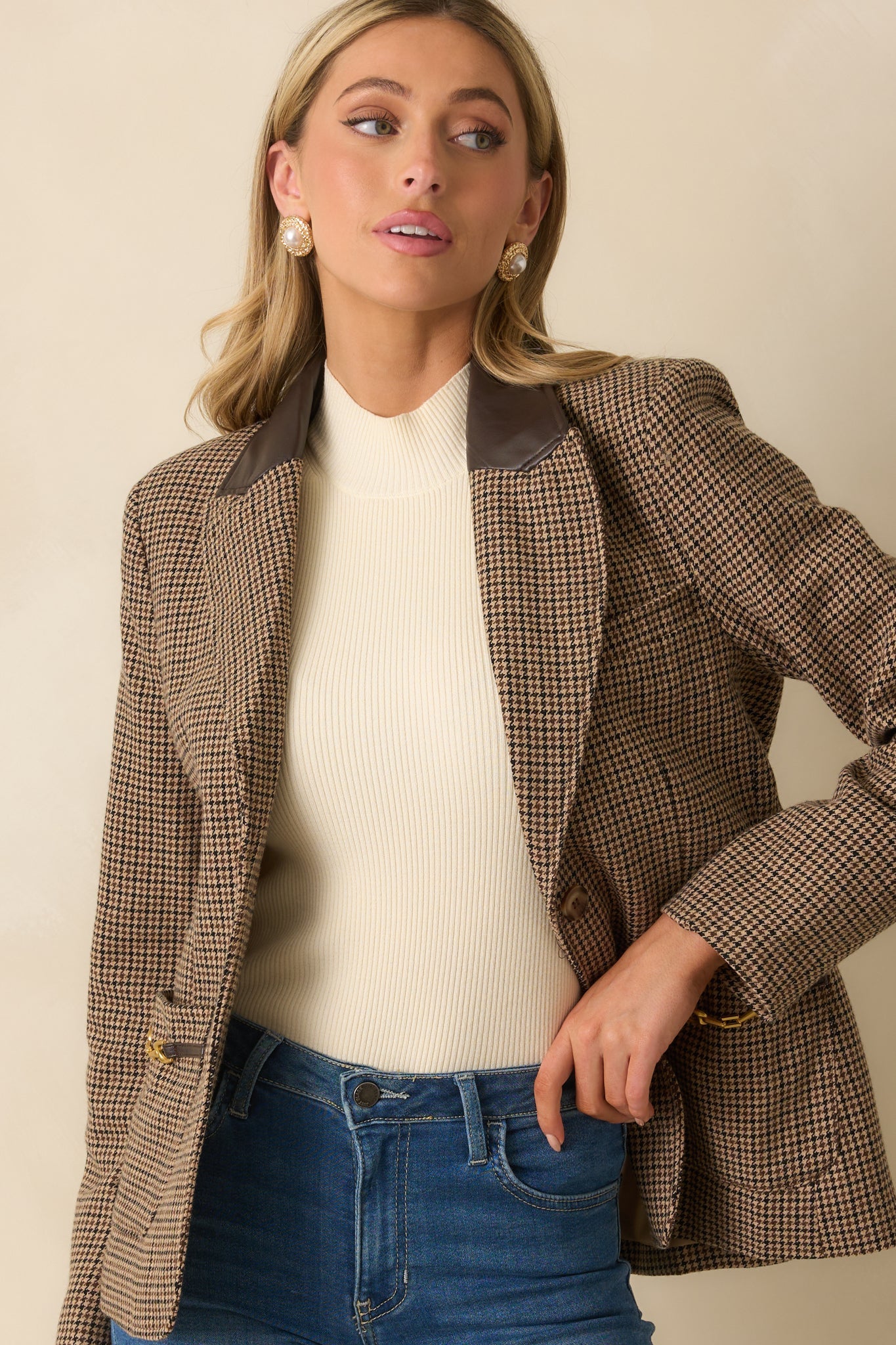 All Business Here Brown Houndstooth Single Breasted Blazer