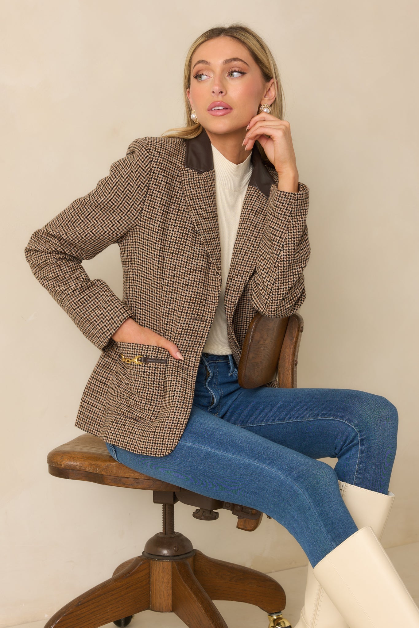 All Business Here Brown Houndstooth Single Breasted Blazer