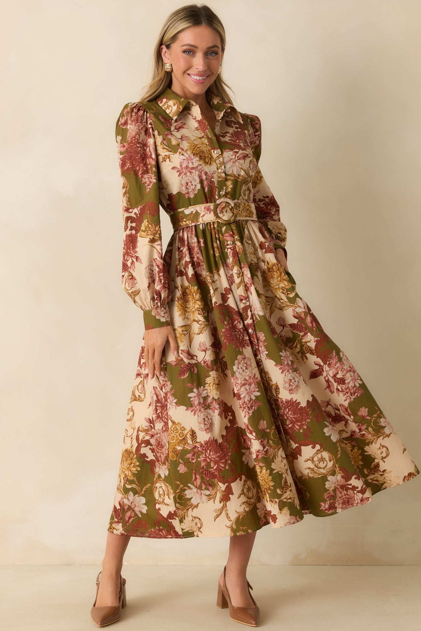 In The Works Olive Green Multi Floral Print Cotton Maxi Dress
