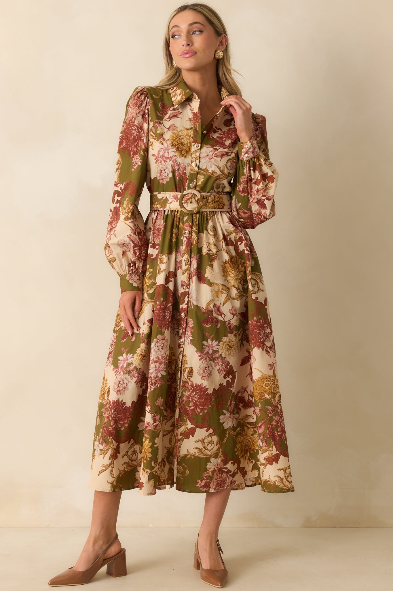 In The Works Olive Green Multi Floral Print Cotton Maxi Dress