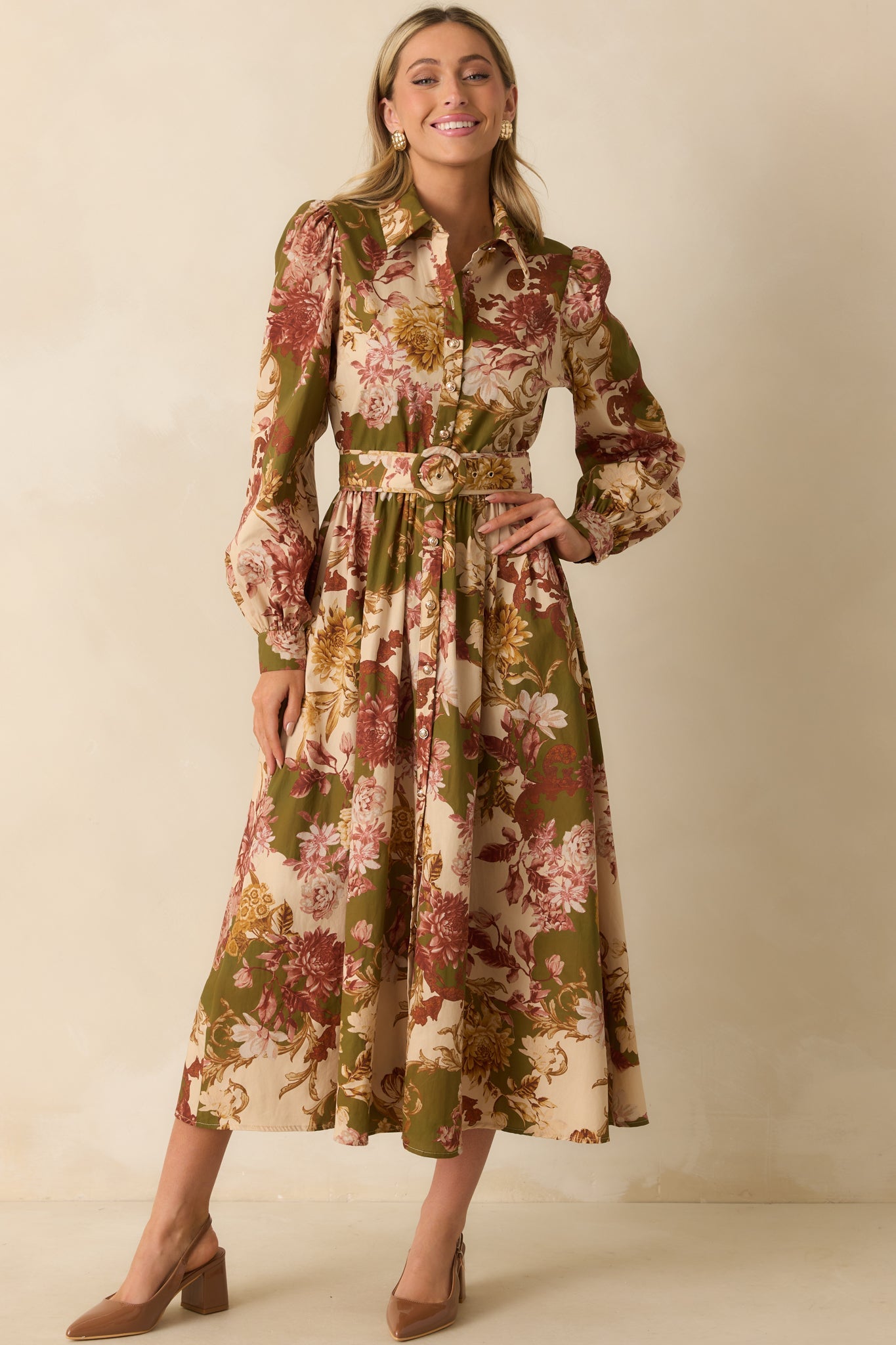 In The Works Olive Green Multi Floral Print Cotton Maxi Dress
