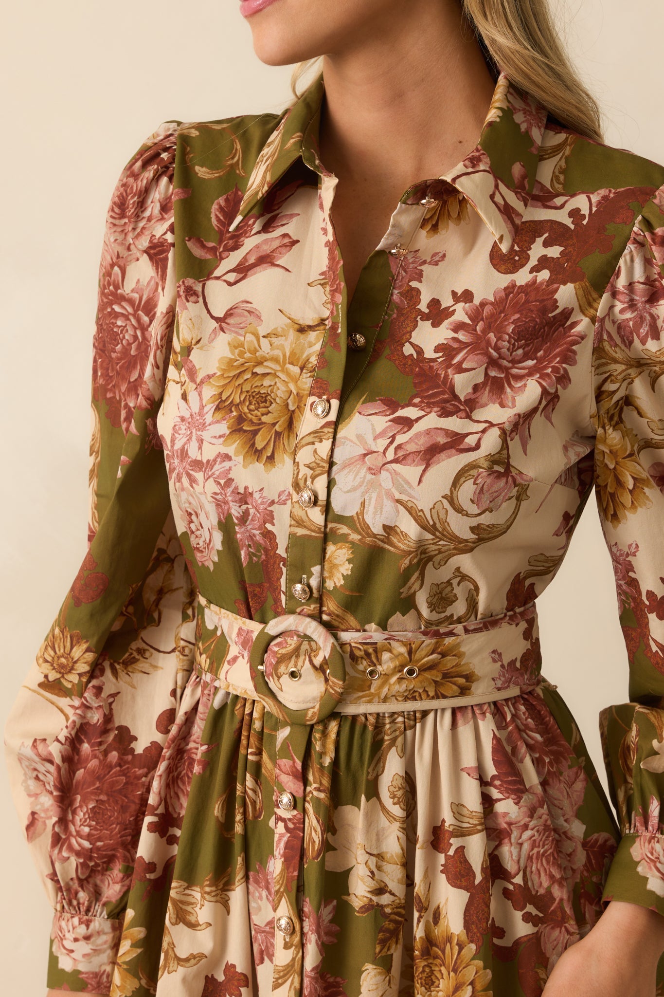 In The Works Olive Green Multi Floral Print Cotton Maxi Dress