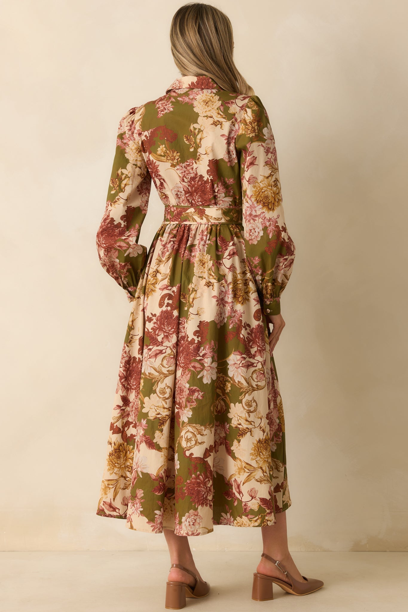 In The Works Olive Green Multi Floral Print Cotton Maxi Dress