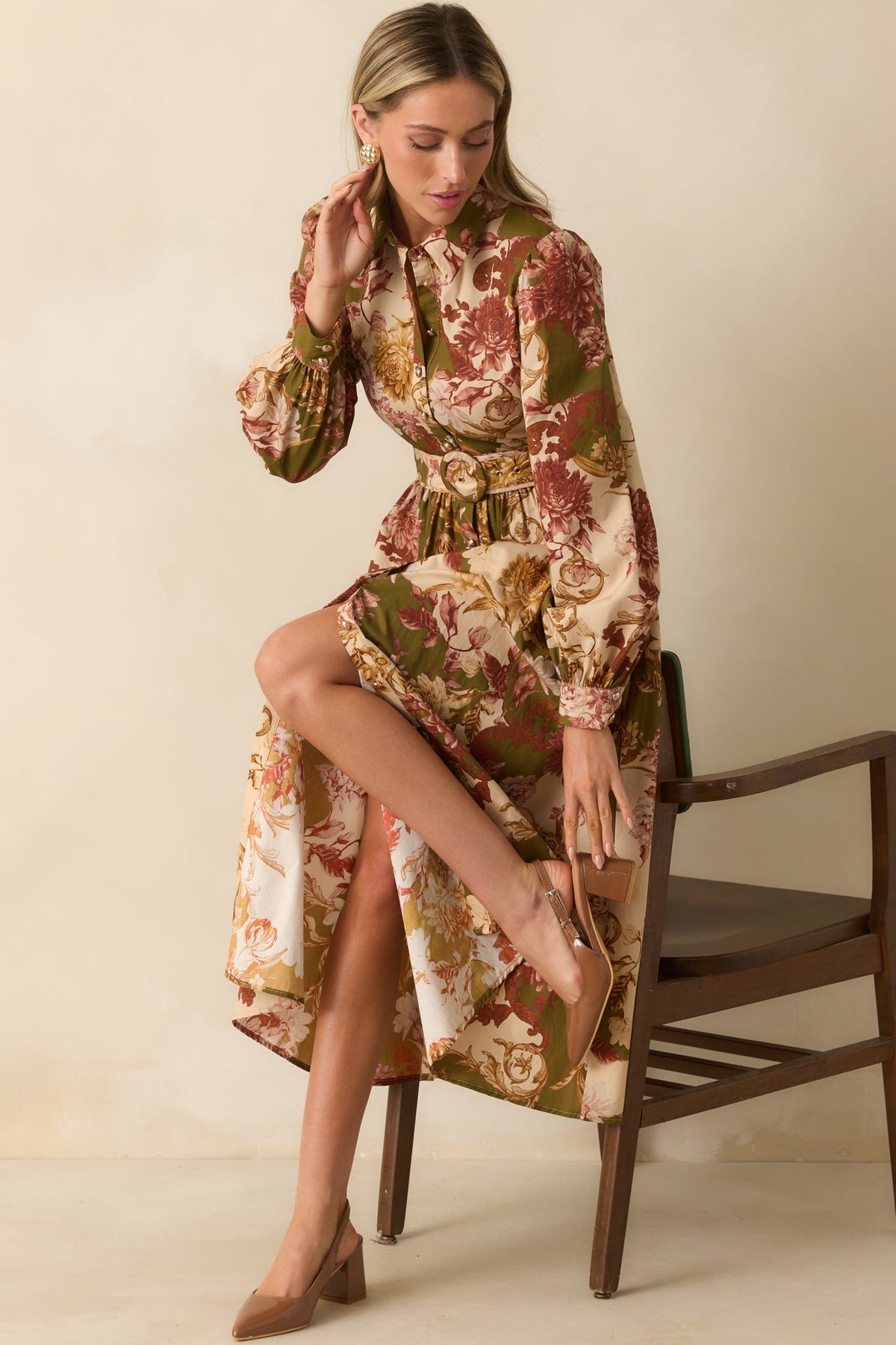 In The Works Olive Green Multi Floral Print Cotton Maxi Dress