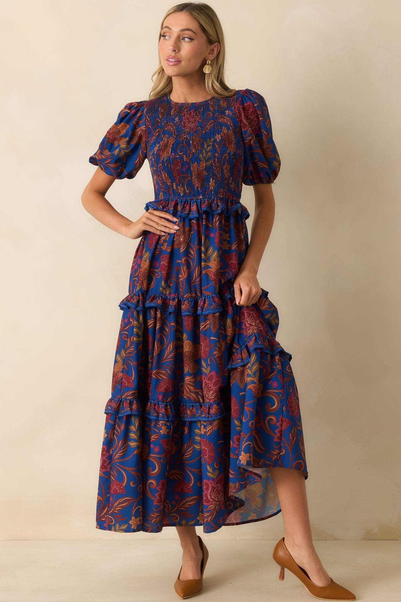 In The Meantime Navy Multi Floral Print Puff Sleeve Maxi Dress